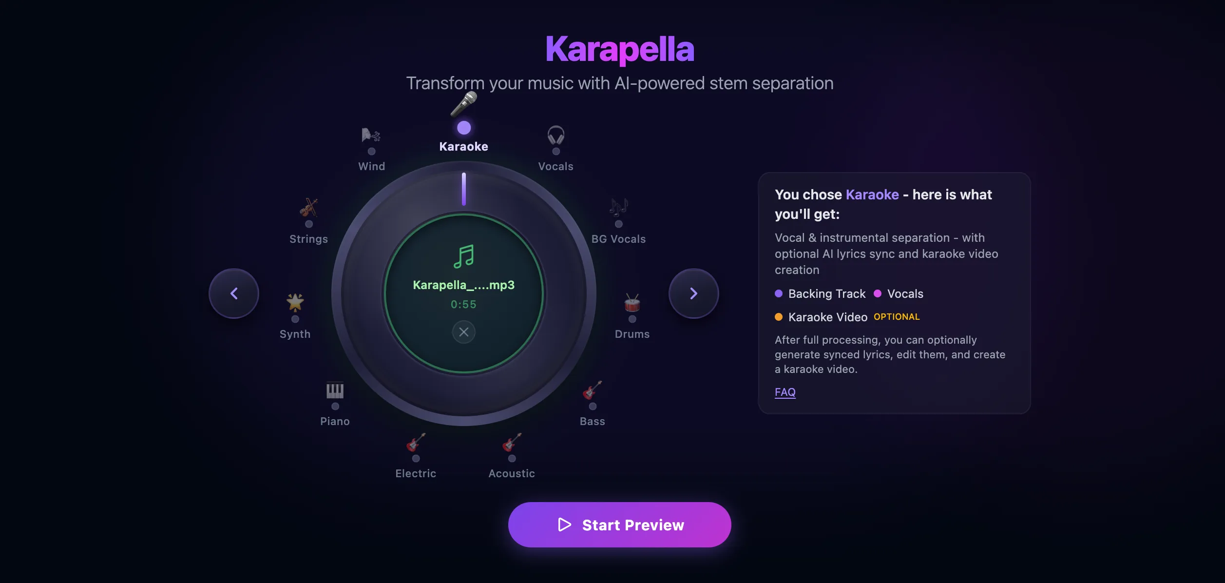Karapella DJ knob interface for stem selection