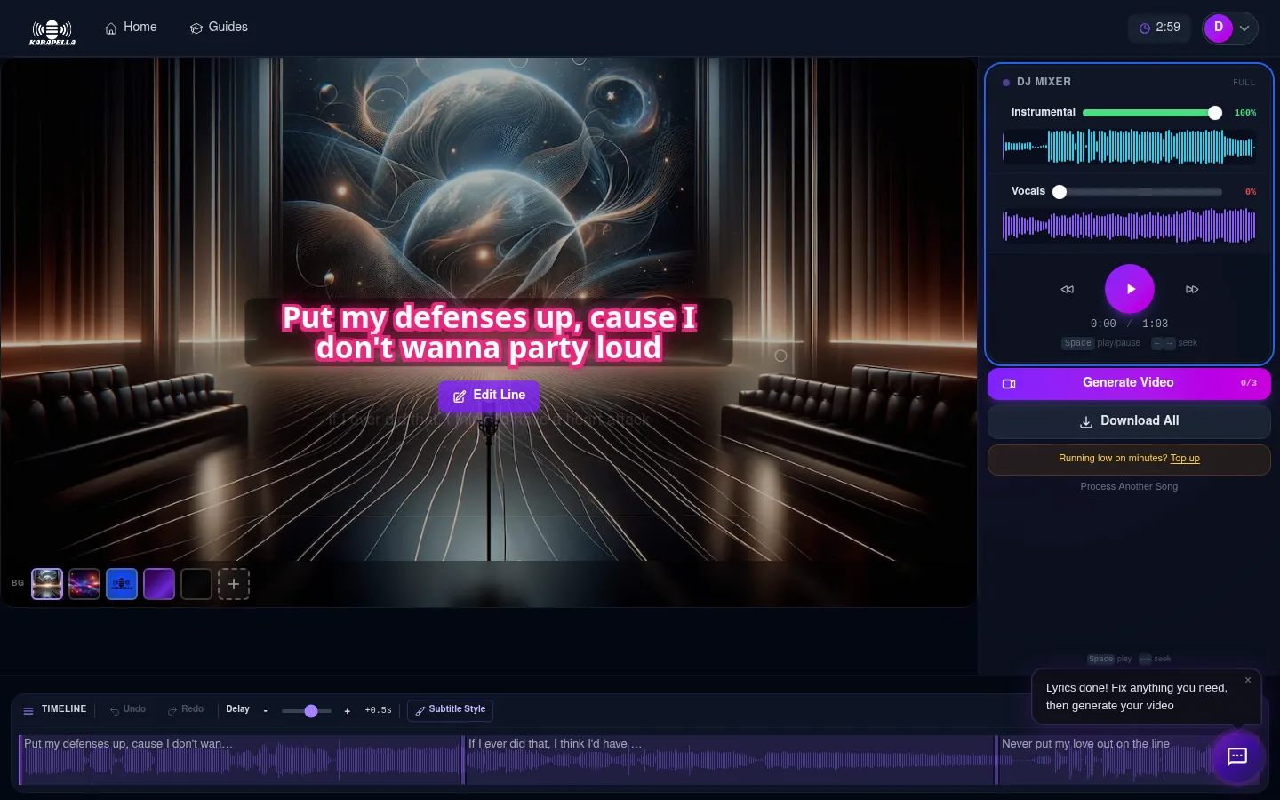 Karapella karaoke editor with lyrics, mixer, and timeline