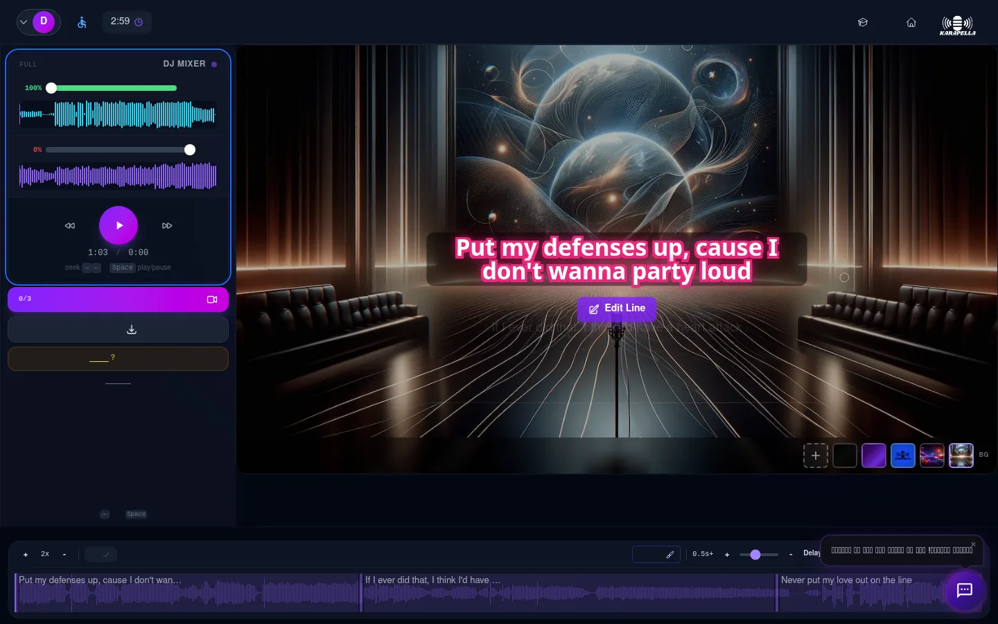 עורך הקריוקי של קרפלה עם מילים, מיקסר וציר זמן