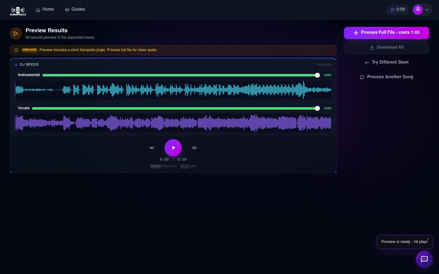 Karapella DJ mixer with instrumental and vocals waveforms